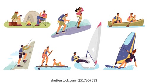 Summertime outdoors activities flat vector illustrations set. Scenes of different people camping, hiking, canoeing, sup surfing, windsurfing, sailing, climbing isolated on white.