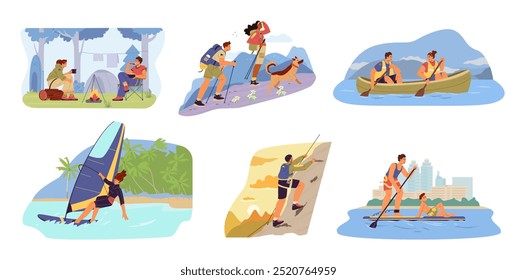 Summertime outdoors activities flat vector illustrations set. Scenes of different people couples and singles camping, hiking, canoeing, sup surfing, windsurfing, climbing.