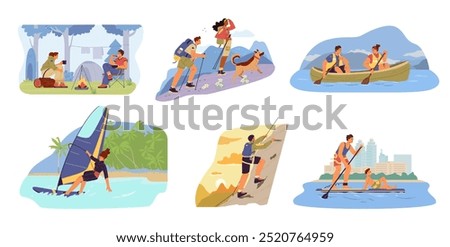 Summertime outdoors activities flat vector illustrations set. Scenes of different people couples and singles camping, hiking, canoeing, sup surfing, windsurfing, climbing.