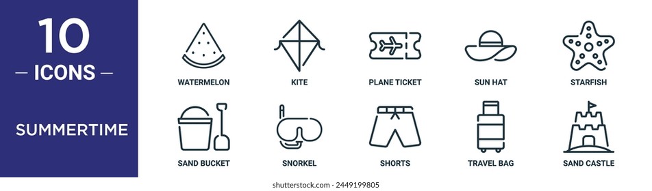 summertime outline icon set includes thin line watermelon, kite, plane ticket, sun hat, starfish, sand bucket, snorkel icons for report, presentation, diagram, web design
