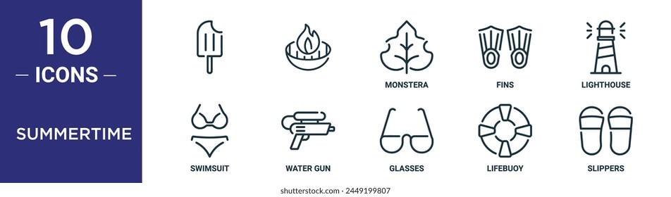 el conjunto de iconos de contorno de verano incluye línea delgada , monstera, aletas, faro, traje de baño, iconos de pistola de agua para informe, presentación, diagrama, Web