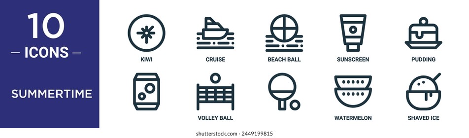 summertime outline icon set includes thin line kiwi, cruise, beach ball, sunscreen, pudding,  , volley ball icons for report, presentation, diagram, web design