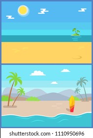 Summertime paradise set of vector illustration sandy beaches and seaview, surfboard in sand, tropical island for surfing, shoreline summer rest