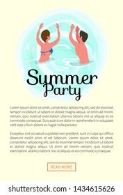 Summertime party, couple dancing in ocean, spending time at summer resort isolated vector banner. People on summer vacation swim and sunbathing, relaxing on water