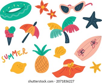 Summertime patch collection. Vector illustration of cute summer symbols and icons includes sunglasses, soft drinks, ice cream, pineapple, swimming tire, and surfing board. Isolated on white.