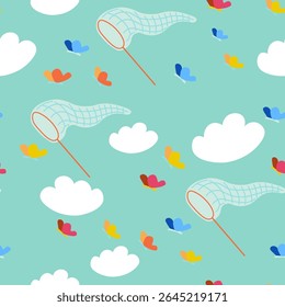 summertime pattern with butterfly net in doodle style. Ornament for decor postcard design print poster background wallpaper wrapping packaging textile banner backdrop
