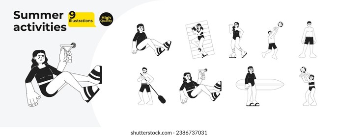 Summertime people diversity black and white cartoon flat illustration bundle. Swimwear beach multiracial young adult linear 2D characters isolated. Summer holiday monochromatic vector image collection