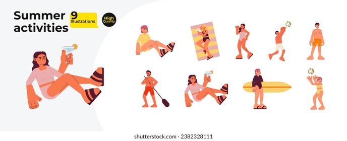 Summertime people diversity cartoon flat illustration bundle. Swimwear beach multiracial young adults 2D characters isolated on white background. Summer holiday season vector color image collection