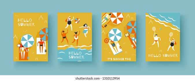 Summertime, people men and women sunbathe on the beach under parasols, play beach volleyball and badminton. Set of vector banners of A4 size