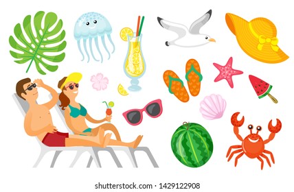 Summertime people on vacation vector, watermelon and sunglasses icons. Crab and seagull, jellyfish and bird, ice cream and hat accessory for women