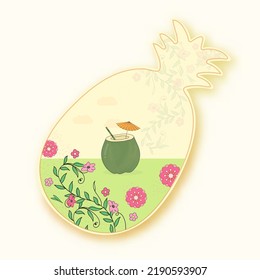 Summertime Pineapple Concept With Coconut Drink And Floral View In Sticker Style On White Background.