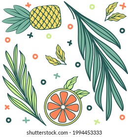 Ananas, Orange und Palmen im Sommer nahtlos. Diese Designs eignen sich perfekt für Grußkarten, Textilmuster, stationäre T-Shirts, Taschen, Verpackungsdesign und vieles mehr.