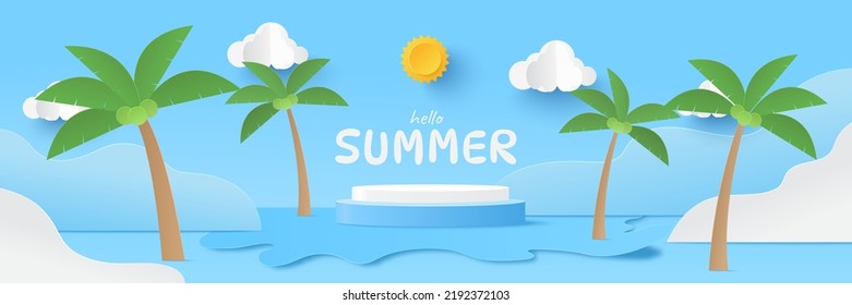 Summertime with podium platform to show product. Tropical nature beach in summer with coconut tree. Paper cut and craft style illustration