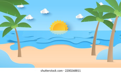 Tiempo de verano con plataforma de podio para mostrar el producto. Playa natural tropical en verano con cocoteros. Ilustración de corte de papel y estilo artesanal