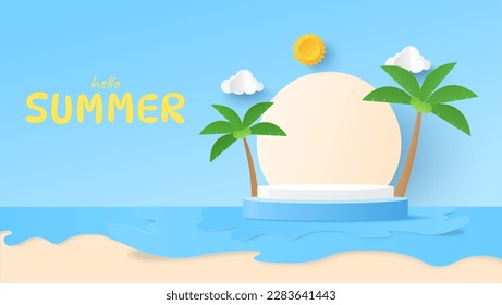 Summertime with podium platform to show product. Tropical nature beach in summer with coconut tree