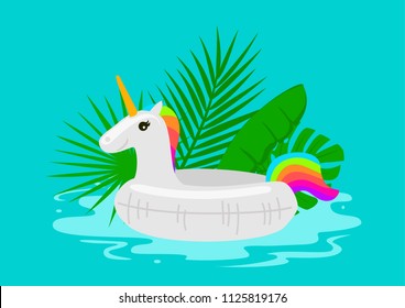summertime pool beach holidays background with swimming unicorn float with  tropical leaves 