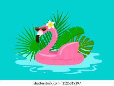 summertime pool beach holidays background with swimming flamingo float with sunglasses and tropical leaves 