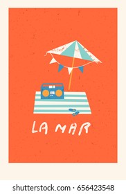 Summertime poster with beach umbrella and playing retro record player in vector