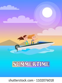 Summertime poster boating activity in summer, girls having fun while riding boat, modern vessel on water of sea, seasonal sport, vector at coastline.