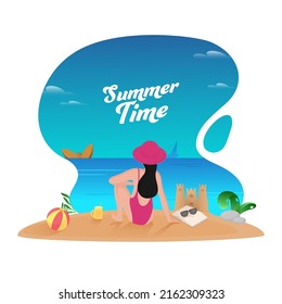 Summertime Poster Design With Back View Of Modern Young Lady Sitting At Beach Side, Ball, Drink Mug, Castle On Blue And White Background.
