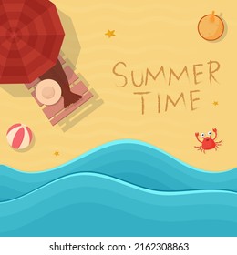 Summertime Poster Design With Top View Of Sun Lounger, Sand Bucket, Crab On Beach Side Background. svg