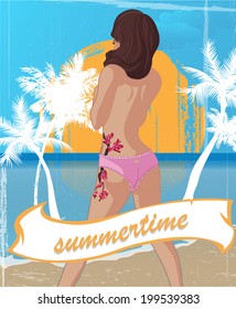 summertime poster with palm trees and a hot girl in the front