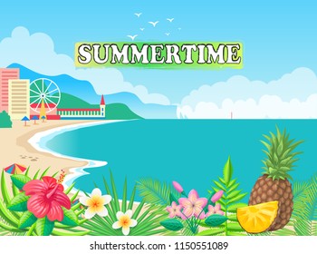 Summertime poster with seashore vector. Summer season leisure, coastline with umbrella, amusement park, hotels. Buildings and attractions, ferris wheel