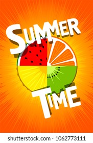 summertime. poster for shops. fruit background. orange, Mandarin, pineapple, kiwi, watermelon.Seasonal discounts promotions