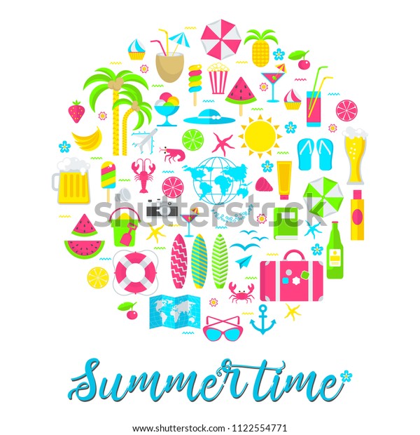 Summertime poster from\
travel icons. Flat vector cartoon illustration. Objects isolated on\
a white background.
