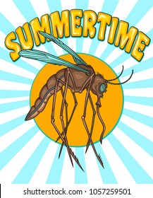 "Summertime" poster. Vector illustration of mosquito insect in cartoon style. Good for logos, t-shirt prints, posters, stickers.