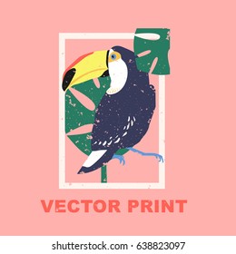 Summertime print with the toucan. Perfect for a t-shirt print, postcard, label design or for your travel agency. Unique Latin-American printable concept. Vector illustration.