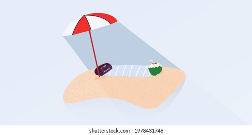 Summertime with radio and coconut drink. Beautiful beach umbrella and sand island on the beach in summer.