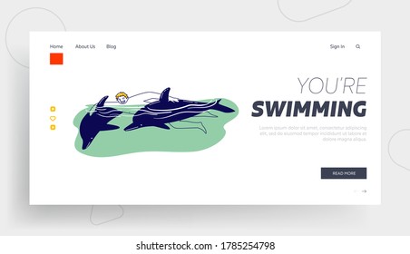 Summertime Recreation Landing Page Template. Male Character Playing with Dolphins Swimming in Sea or Ocean. Communication with Undersea Animal, Therapy, Relaxed Spare Time. Linear Vector Illustration