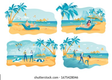 Conjunto de ilustraciones de vectores de recreación en verano. Amigos e independientes en personajes de caricaturas de playa tropical. Empresarios Modernos Trabajando Remotamente. Empresarios en vacaciones de verano