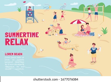 Summertime relax banner flat vector template. Brochure, poster concept design with cartoon characters. Summer vacation, recreation at sand beach horizontal flyer, leaflet with place for text
