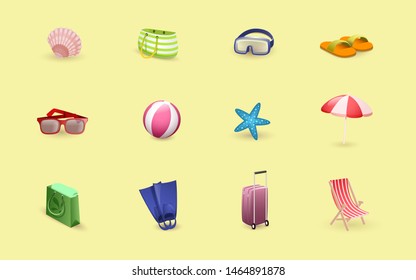 Summertime relax vector illustrations set. Travelers items, seaside resort, beach accessories isolated on yellow background. Water sports, scuba diving equipment, goggles and flippers