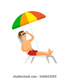 Summertime relaxation traveling to coast vector. Tourist wearing sunglasses laying under umbrella on chaise longue. Person on beach in swimming shorts