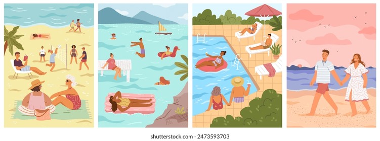 Summertime relaxation and vacation relax by seaside, pool or beach. Vector people reading books and playing volleyball on beach. Rest and leisure in summer, active recreation near water