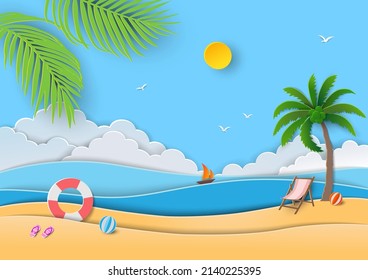 Summertime relaxation with view of blue sea,sand,sun,swim ring,sandals,beach ball and coconut palm tree on paper cut and craft style,vector illustration