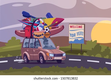 Summertime road trip flat vector illustration. Parents and children enjoying countryside journey. Car loaded with active rest equipment, extreme sports accessories. Family vacations adventure idea..