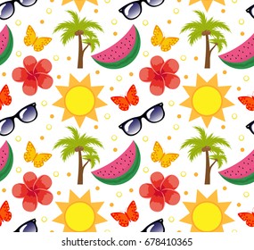 Summertime seamless pattern. Bright summer infinite background. Beach, vacation, sea theme repeating texture. Vector illustration
