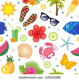 Summertime seamless pattern. Bright summer infinite background. Beach, vacation, sea theme repeating texture. Vector illustration