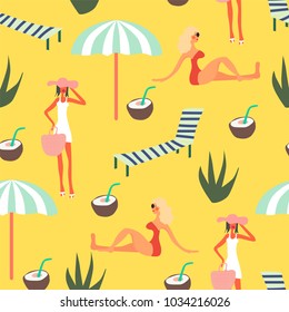 Summertime seamless pattern. Cartoon characters. Cute vector illustration.