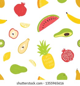 Summertime seamless pattern with exotic fresh juicy fruits on white background. Backdrop with delicious veggie food or nutrition. Flat vector illustration for wrapping paper, fabric print, wallpaper.