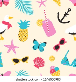 Summertime seamless pattern with exotic fruits, seashells, seagull, tropical leaves, sunglasses, butterflies. Summer backdrop. Vector illustration for fabric print, wrapping paper, wallpaper