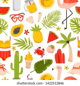 summertime seamless pattern with flamingos, fruits. tropical leaves, watermelon, cacti and flowers on white background. Vector seamless pattern