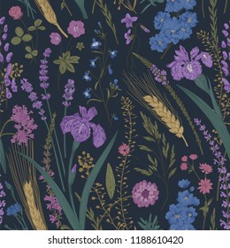 Summertime. Seamless pattern. Flowers and plants of fields and forests. Vector vintage botanical illustration. Dark color