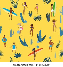 Summertime seamless pattern. People having fun on the beach, relaxing and performing summer outdoor activities at beach - sunbathing, walking, carrying surfboard, swimming in sea, ocean. Exotic plants