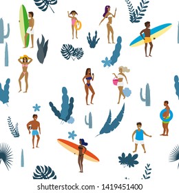 Summertime seamless pattern. People having fun on the beach, relaxing and performing summer outdoor activities at beach - sunbathing, walking, carrying surfboard, swimming in sea, ocean. Exotic plants