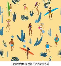 Summertime seamless pattern. People having fun on the beach, relaxing and performing summer outdoor activities at beach - sunbathing, walking, carrying surfboard, swimming in sea, ocean. Exotic plants